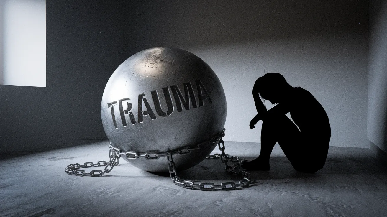 Woman in chains tied to a large wrecking ball with trauma engraved on it