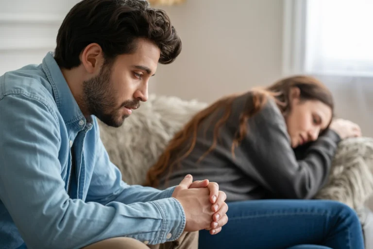 Couple on couch not speaking after an argument